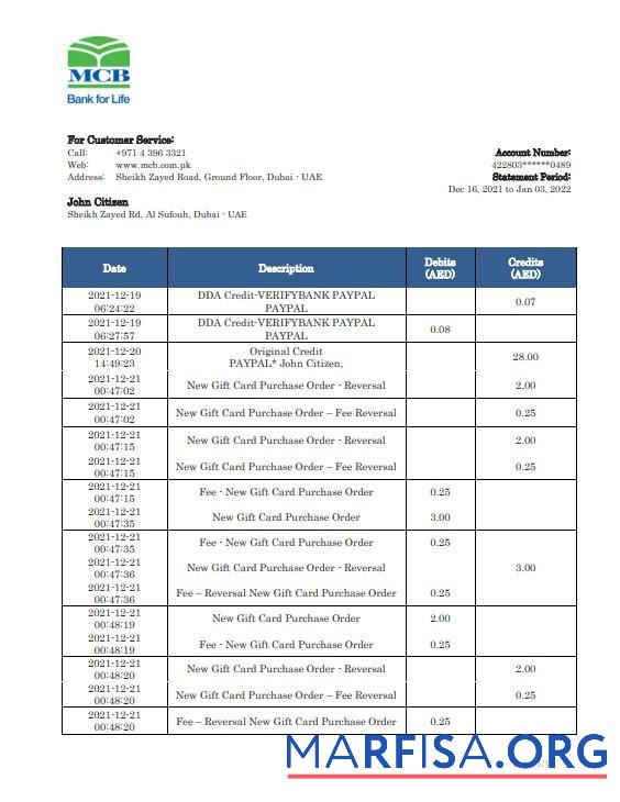 Printable United Arab Emirates MCB bank statement word download for verification